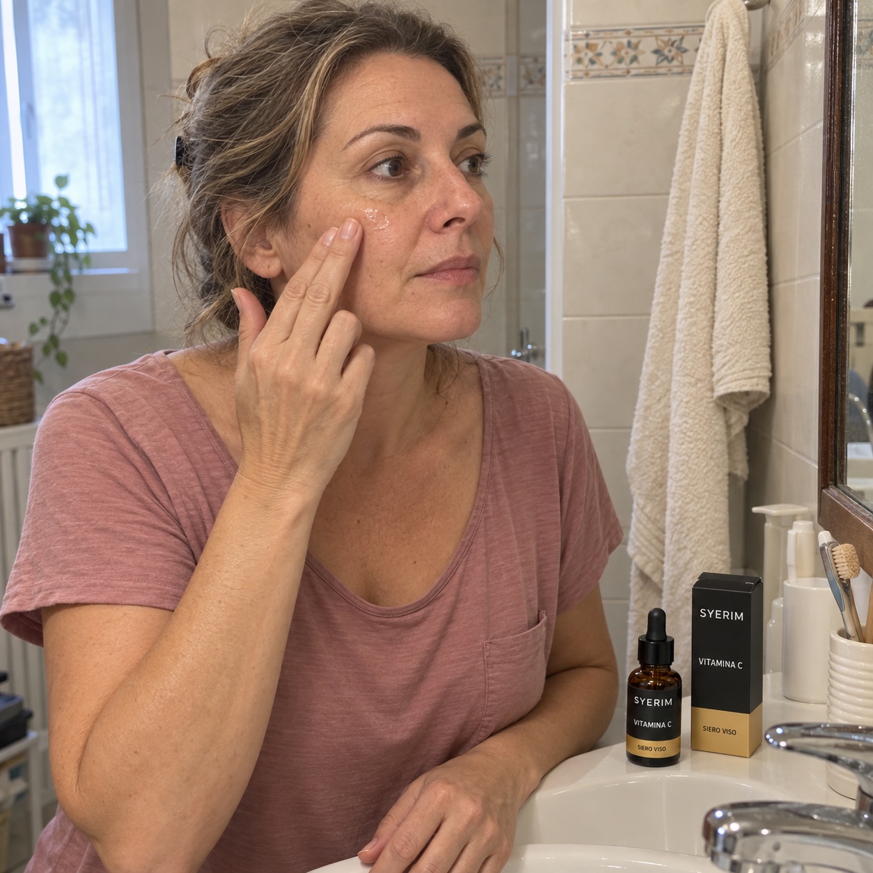 Scena illustrativa AI: donna adulta che applica il siero sul viso nel bagno di casa, con il prodotto SYERIM sul lavabo